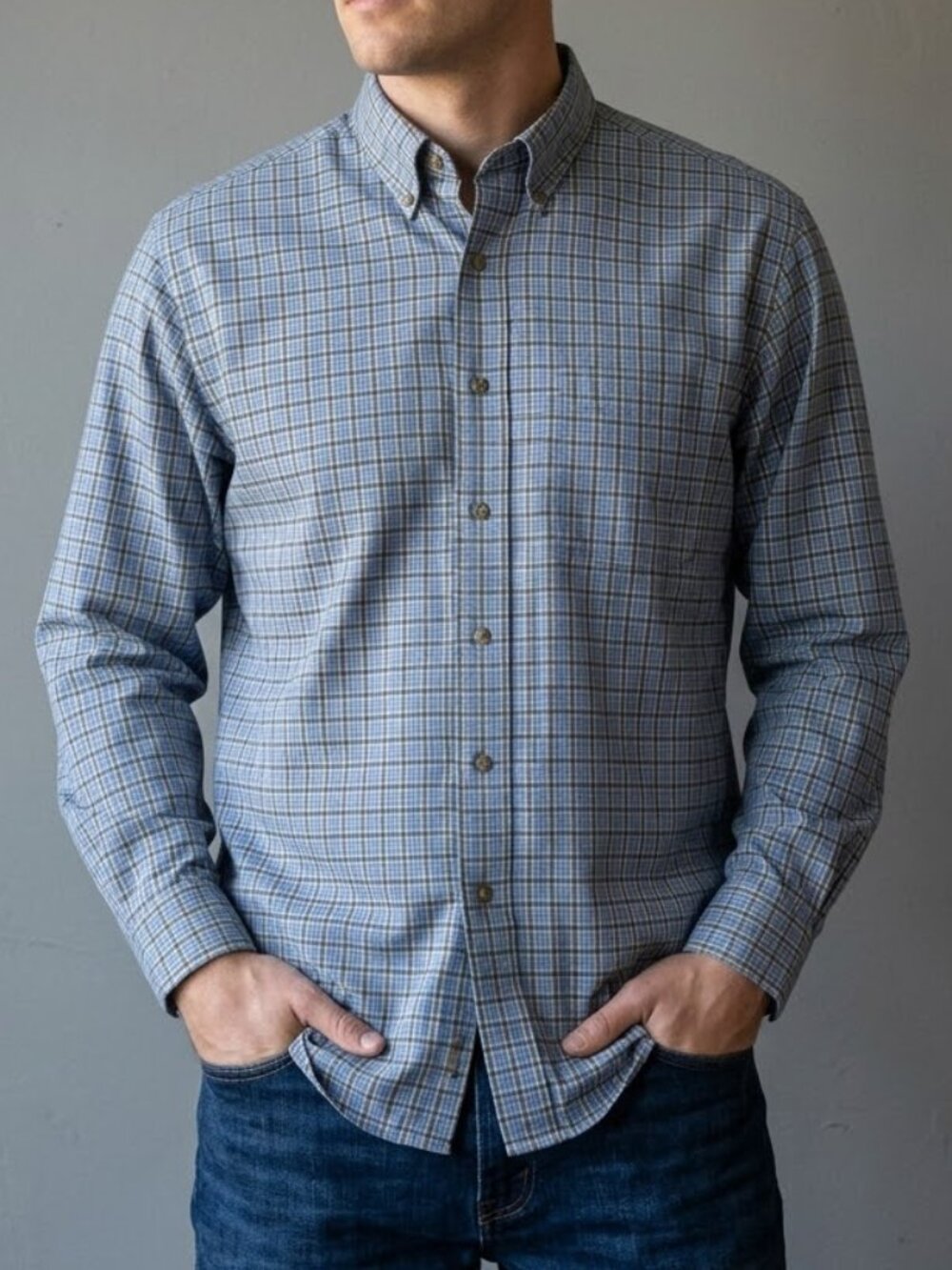 L.L. Bean Wrinkle Resistant Cotton Blue Plaid Long Sleeve Button Shirt Men's L